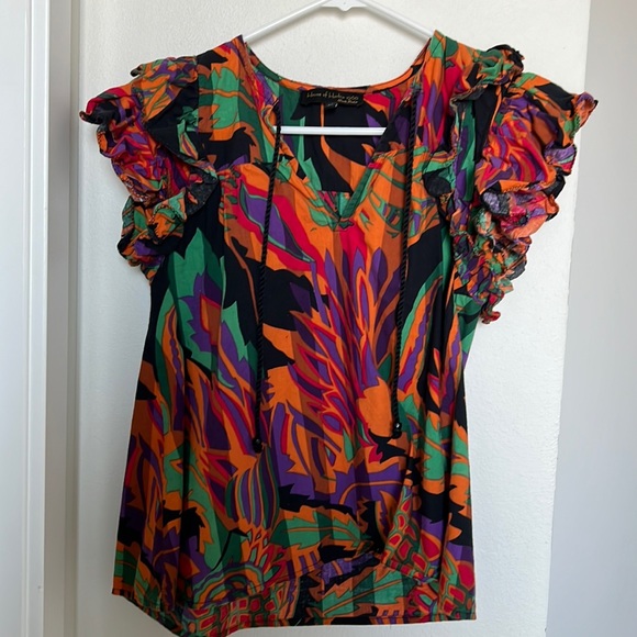 HOUSE OF HARLOW 1960 Short Ruffle Sleeve Meadow Pink Print in Medium - Picture 1 of 6